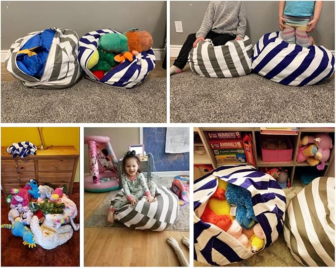 2 Packs Stuffed Animal Storage Beanbag Cover 24" Bean Bag Storage for Kids Girs Boys Room Toys Organizer Heavy-duty Zipper Bean Bag Chair Covers Only Grey Blue White Stripes Cotton Canvas