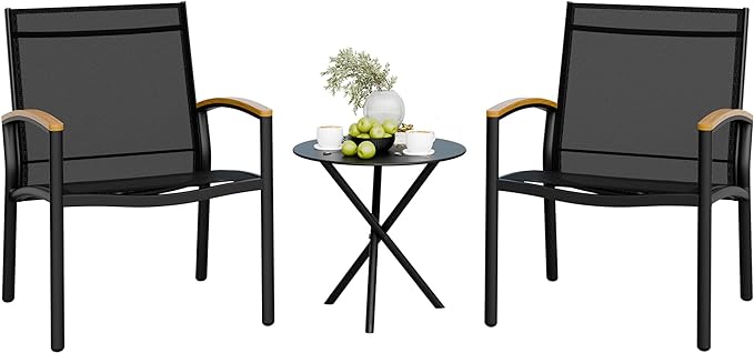 Shintenchi 3 Pieces Outdoor Patio Bistro Sets, Textilene Fabric Small Patio Furniture Set, Front Porch Chairs Conversation Set with Table for Lawn, Garden, Balcony, Poolside (Black)