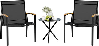 Shintenchi 3 Pieces Outdoor Patio Bistro Sets, Textilene Fabric Small Patio Furniture Set, Front Porch Chairs Conversation Set with Table for Lawn, Garden, Balcony, Poolside (Black)