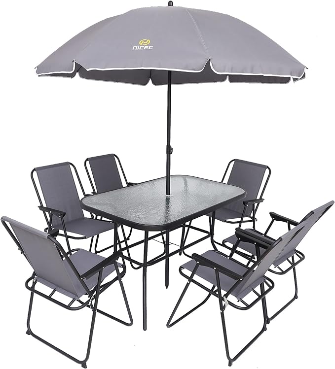 Nice C Outdoor Dining Sets, Patio Furniture Set, 8 Piece Set with Umbrella, Garden Outdoor Furniture Table Set with Tilted Removable Umbrella, Glass Table, and 6 Folding Chairs (Grey)