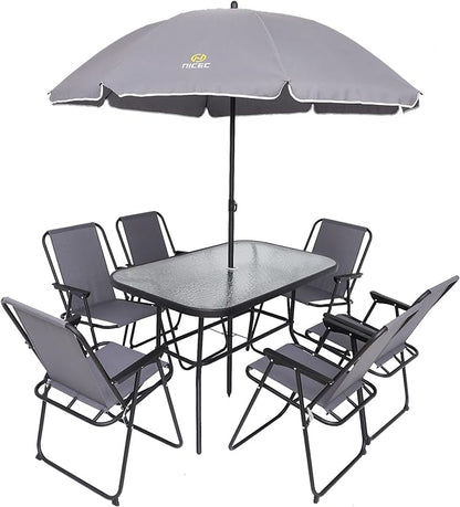 Nice C Outdoor Dining Sets, Patio Furniture Set, 8 Piece Set with Umbrella, Garden Outdoor Furniture Table Set with Tilted Removable Umbrella, Glass Table, and 6 Folding Chairs (Grey)