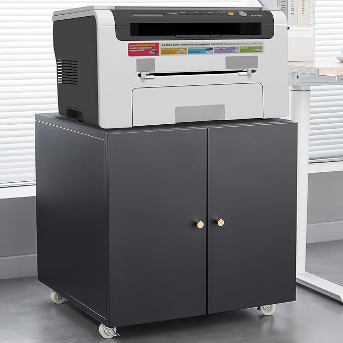 23.62" Metal Office Copier 2 Door and 360 ° Universal Wheel,Mobile Lateral Filing Cabinets w/Aluminum Alloy Handle,Rolling Printer Stand for Legal/Letter/A4,Black