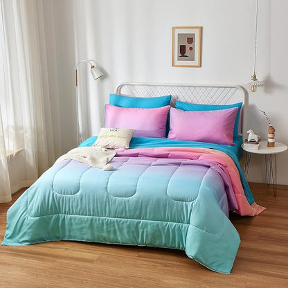 inron Rainbow Kids Comforter Sets for Girls Women,Full Size 5-Pieces Bed in a Bag, Ultra Soft Microfiber Comforter and Sheet Sets, All Season Durable Bedding Set(Rainbow,Full)