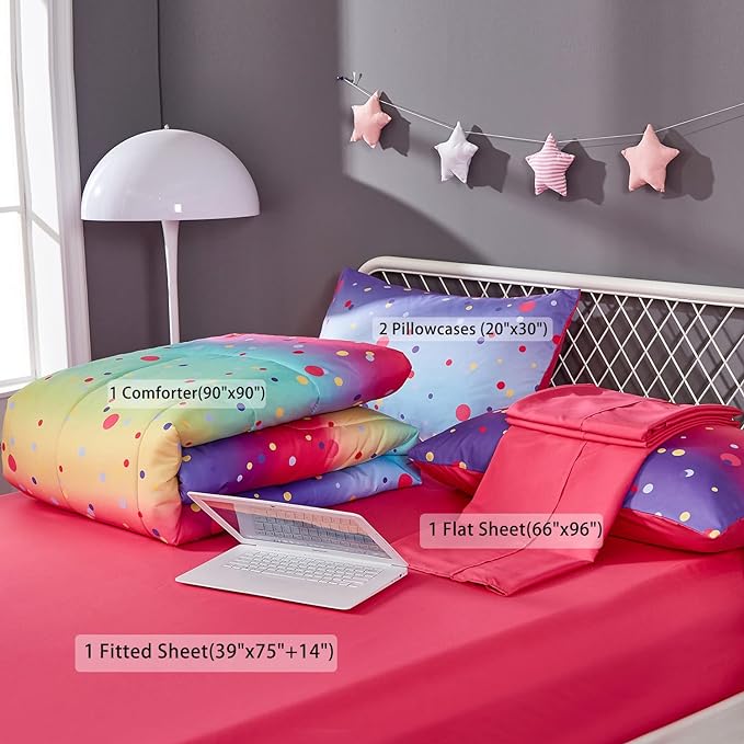 Colorful Polka Dots Rainbow Comforter Set for Teen Girl,Full/Queen Size 5 Piece Bed in A Bag,Circles Printed Comforter and Sheets,Ultra Soft Microfiber All Season Bedding Set(Full/Queen,Dots)