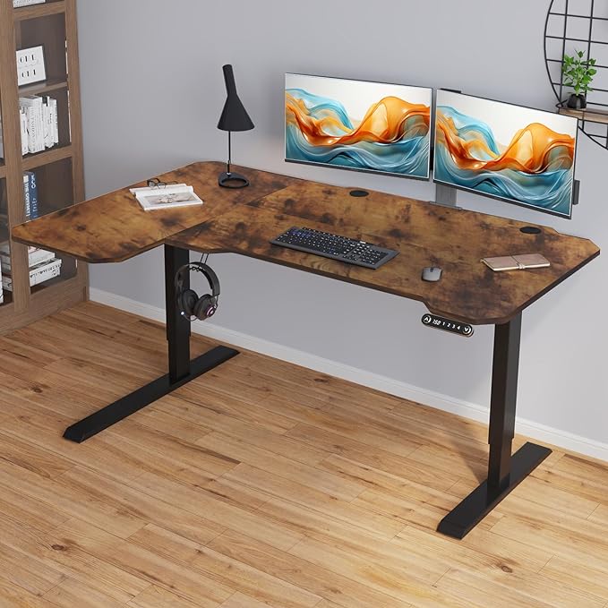 Adjustable Height L-Shaped Electric 59 Inch Sit-Stand Computer Desk with 3 Splice Boards, Lockable Casters-Ideal for Home Office, 59Inch, Rustic Brown