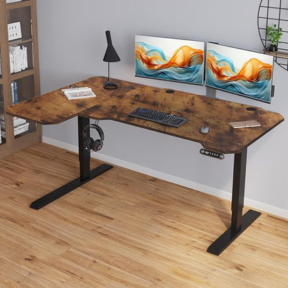 Adjustable Height L-Shaped Electric 59 Inch Sit-Stand Computer Desk with 3 Splice Boards, Lockable Casters-Ideal for Home Office, 59Inch, Rustic Brown