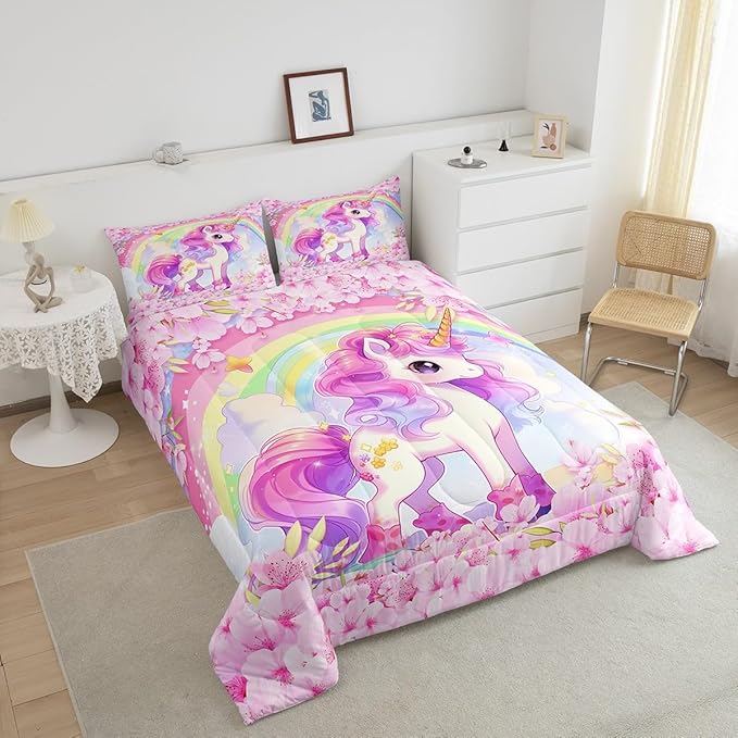Cartoon Unicorn Kids Comforter Set Full Size,Sakura Cherry Blossom Japanese Bedding Set,Girls Women Room Decor,Rainbow Unicorn Cute Down Comforter,Pink Purple Romantic Duvet Insert,2 Pillowcases