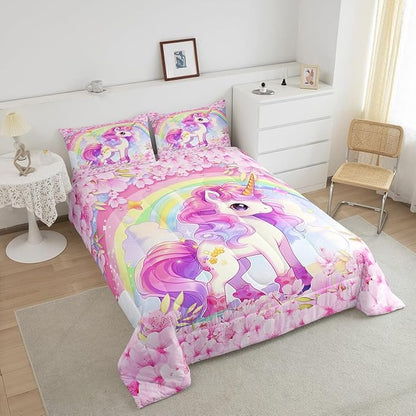 Cartoon Unicorn Kids Comforter Set Queen Size,Sakura Cherry Blossom Japanese Bedding Set,Girls Women Room Decor,Rainbow Unicorn Cute Down Comforter,Pink Purple Romantic Duvet Insert,2 Pillowcases