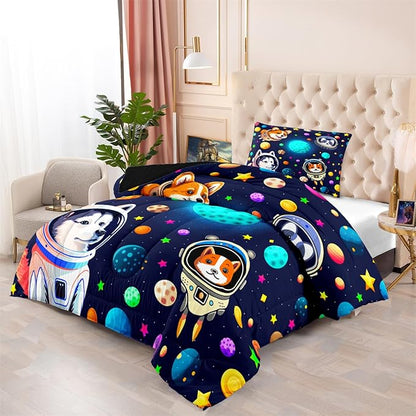 Dogs Full Size Bedding Set - 3Pcs Cute Dogs Comforter Set for Boys Ultra Soft Universe Corgi Husky Alaska Pattern Bedding Set for Kids Girls Boys Lightweight Blue-Black Reversible for All Season