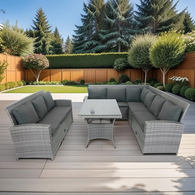5 Pieces Outdoor Rattan Patio Furniture Sectional, Seater Conversation Set with 3 Storage Under Seat Wicker + Dark Cushion for Backyard, Deck, Poolside, Zl-Grey