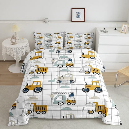 Feelyou Kids Cute Cars Bedding Set Boys Cartoon Truck Tractor Cargo Comforter Set Machinery Bulldozer Crane Comforter Black White Grid Duvet Set Bright Decor Quilt Twin Size Boys