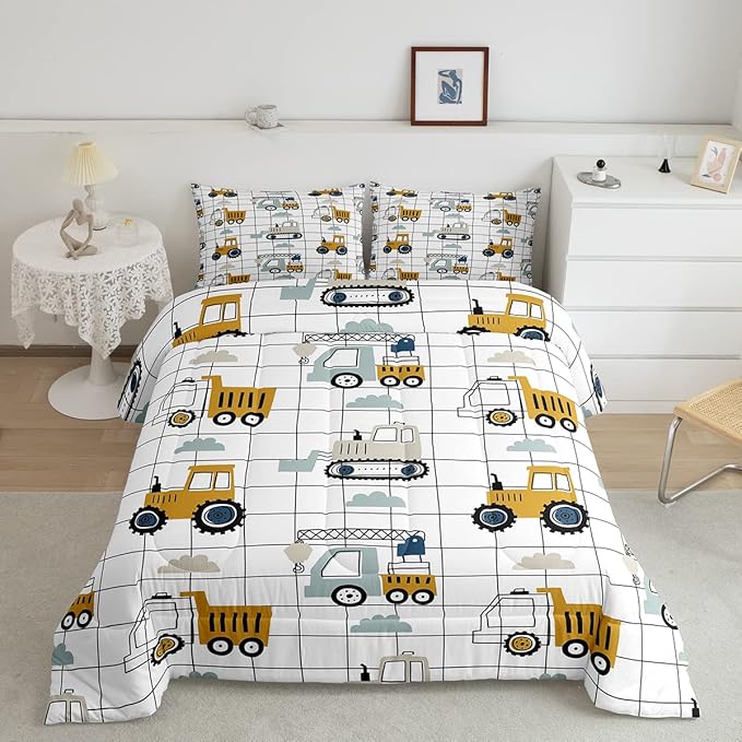 Feelyou Kids Cartoon Car Comforter Set Boys Cute Excavator Tractor Comforter Construction Bedding Set Vehicles Truck Cars Quilt Black White Grid Duvet Set Bright Decor King Size Boys