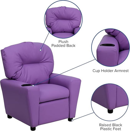 Flash Furniture Chandler Vinyl Kids Recliner with Cup Holder and Safety Recline, Contemporary Reclining Chair for Kids, Supports up to 90 lbs., Lavender