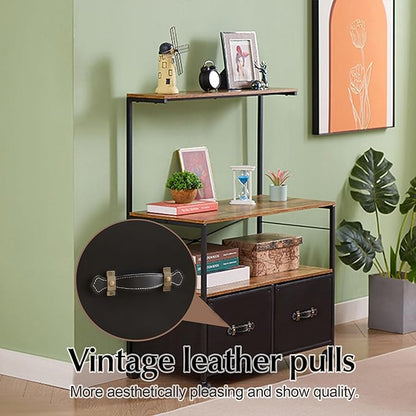 VECELO Mobile Lateral File Cabinet Rolling Printer Stand with 3 Open Storage Shelf, Ideal for Letter Size Folders, with Lockable Casters, Strong Steel Frame, Perfect for Office, 2 Drawer, Brown+Black