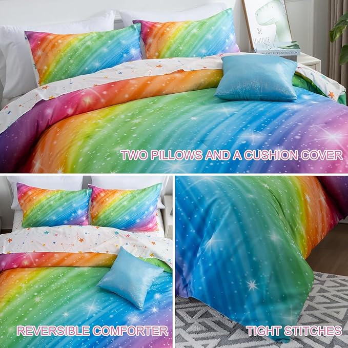 Btargot Super Soft 6 Pieces Gradient Star Ring Comforter Set, Colorful Glitter Rainbow Star Pattern Bedding Set for Boys Girls Teens,Queen Multicolor