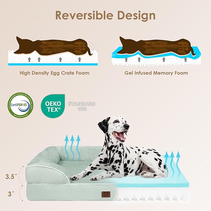 EHEYCIGA Orthopedic Dog Beds for Extra Large Dogs, Waterproof Memory Foam XXL Dog Bed with Sides, Non-Slip Bottom and Egg-Crate Foam Big Dog Couch Bed with Washable Removable Cover, Sage Green