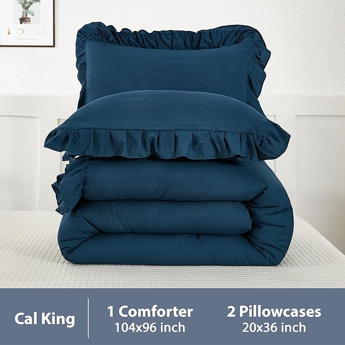 Andency California King Comforter Set Navy Blue, 3 Pieces Cal King Solid Ruffle Shabby Chic Bedding Comforter, Oversized Lightweight Soft Microfiber Bed Comforter