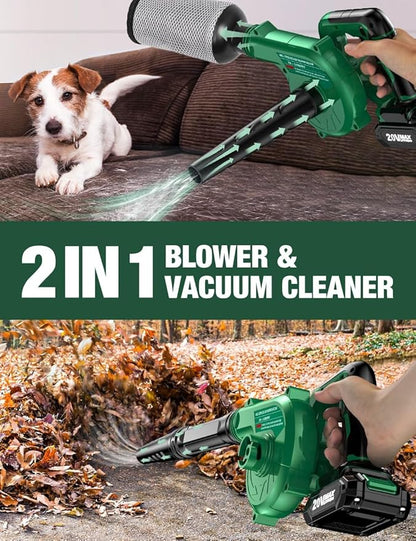 K I M O. Cordless Leaf Blower Vacuum Combo 4 IN 1, 3 Nozzles for Inflation & Compression,3 Modes & Variable Speed, 20000RPM 150MPH, 2X2.0Ah Battery, Extended Tube, Mini Leaf Blowers for Lawn Care|Yard