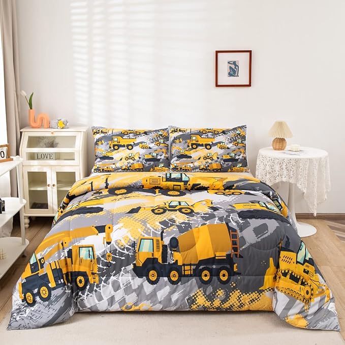 Feelyou Boys Construction Bedding Set Full Size Comforter for Boys Kids Tractor Comforter Set Toddler Construction Decorations Car Bed for Boys Cartoon Excavator Trucks Quilt Set with 2 Pillow Cases