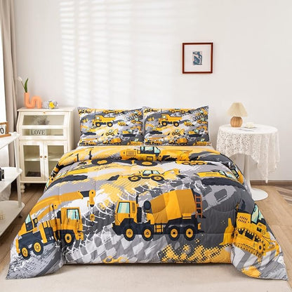 Feelyou Boys Construction Bedding Set Full Size Comforter for Boys Kids Tractor Comforter Set Toddler Construction Decorations Car Bed for Boys Cartoon Excavator Trucks Quilt Set with 2 Pillow Cases