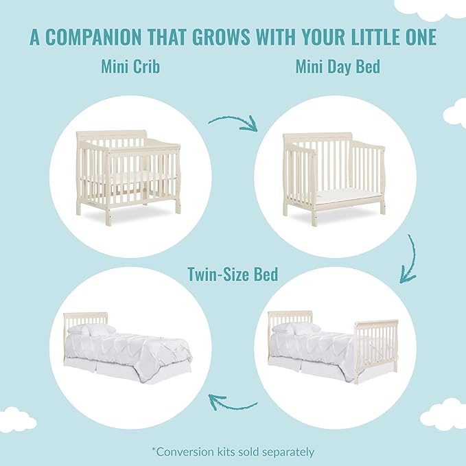 Aden 4-in-1 Convertible Mini Crib In French White, Greenguard Gold Certified, Non-Toxic Finish, New Zealand Pinewood, With 3 Mattress Height Settings