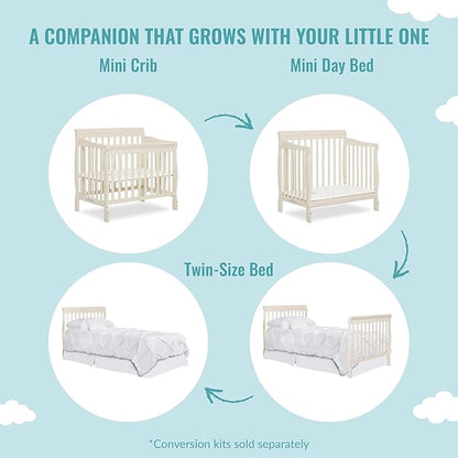 Aden 4-in-1 Convertible Mini Crib In French White, Greenguard Gold Certified, Non-Toxic Finish, New Zealand Pinewood, With 3 Mattress Height Settings