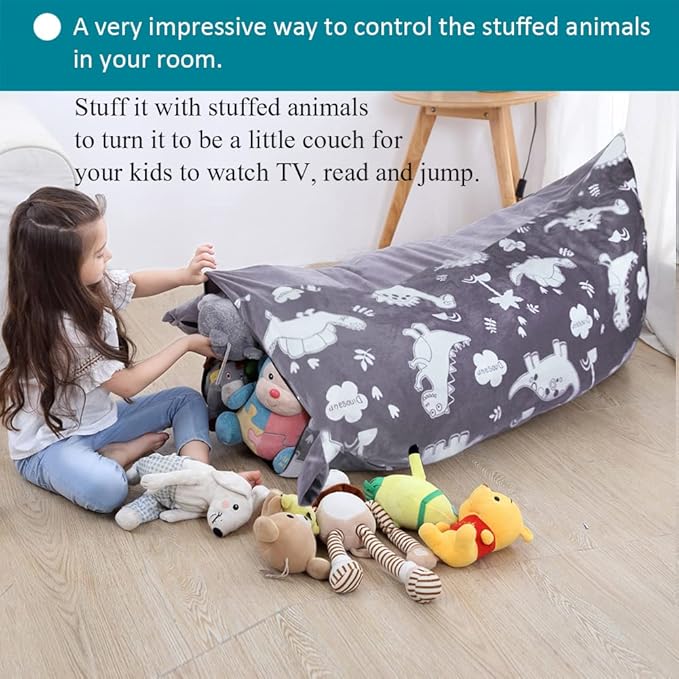 Stuffed Animal Storage Bean Bag Chair Cover, Plush Toys Organizer, Animals Doll Holder, Extra Large Lounger with Handle and Zipper Super Soft for Kids and Teans -Dinosaur Style