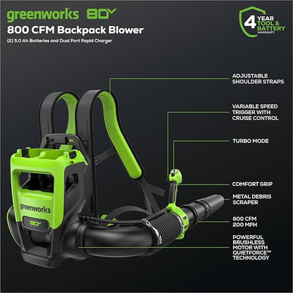 Greenworks 80V (800 CFM) Dual Port Backpack Blower with (2) 5.0 Ah Batteries, Dual Port Rapid Charger