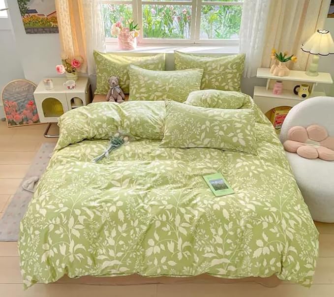 Green Botanical Comforter Set Full Sage Green Floral Comforter Cotton Women Girls Matcha Green Floral Plant Quilts Garden Bohemian Sage Green Blanket Rustic Leaf Blossom Full Bed Comforter