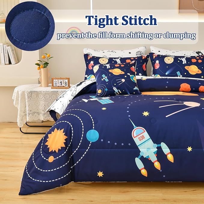 8 Piece Kid Comforter Set Twin Size Bed in a Bag, Space Rocket Bedding Set for Teen Boys Girls