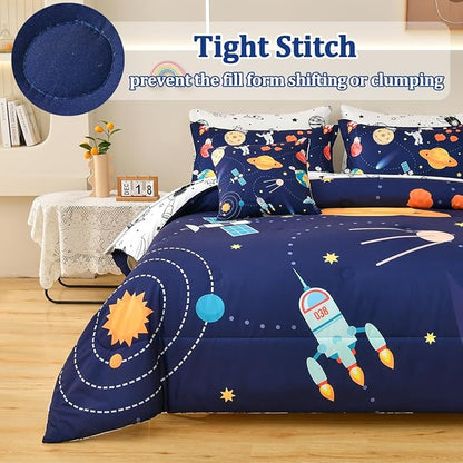 8 Piece Kid Comforter Set Twin Size Bed in a Bag, Space Rocket Bedding Set for Teen Boys Girls