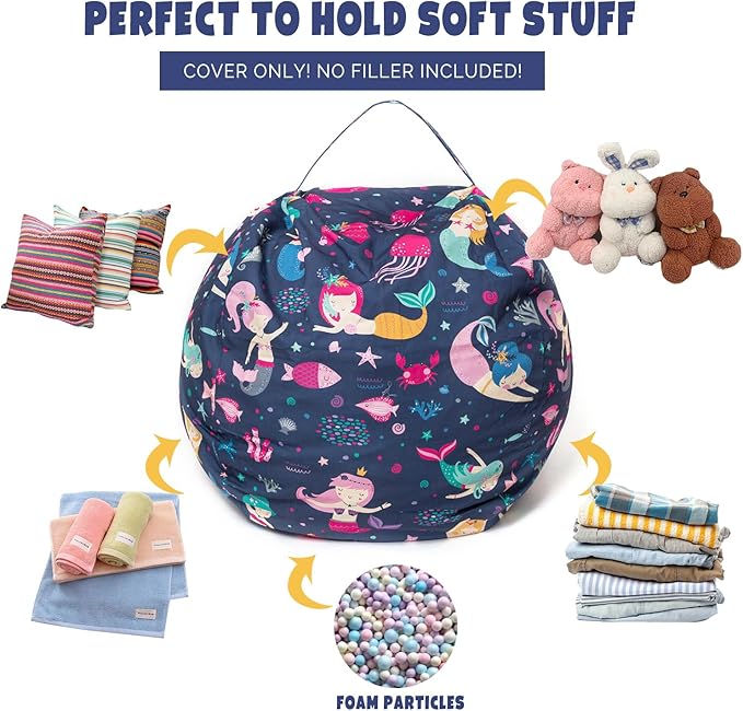 Stuffed Animal Storage Bean Bag Chair Cover, Hold Kids Plush Toys Blankets Towels Beanbag (Cover Only), Canvas Floor Circle Stuff Sit Seat Sofa with YKK Zipper, Large 32",
