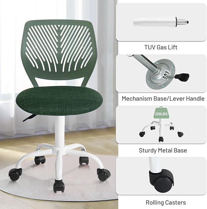 FurnitureR Kids Desk Chair, Home Office Chair Small Armless Cute with Padded Fabric Cushion and Plastic Mid Back Rolling Adjustable Swivel Computer Task Chair for Child Student, Dark Green
