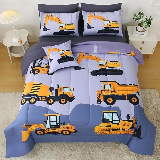 JQinHome Construction Twin Bedding Sets for Boys Kids,6 Piece Bed in A Bag 3D Cartoon Car Excavator Tractor Comforter Set with Sheet Set,Trucks Cars