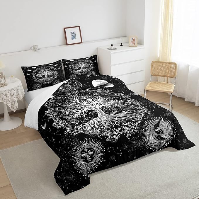 Feelyou Sun and Moon Comforter Bohemian Tree Butterfly Style Bedding Set Psychedelic Hippie Comforter Set for Boys Girls Children Teens Bedroom Decor Galaxy Astrology Duvet Set Full Size