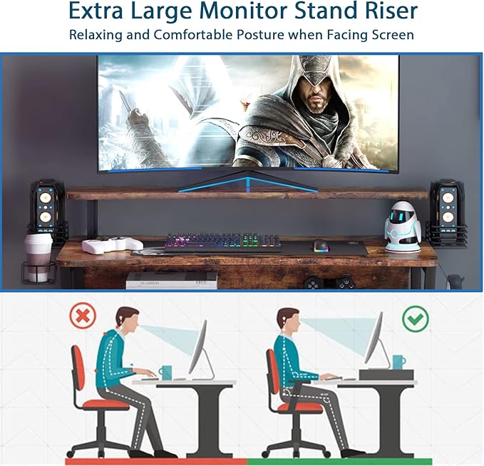 Gaming Desk, Computer Desk with Large Monitor Stand and Open Shelf, PC Laptop Gamer Table Workstation with Cup Holder, Headphone Hook, 2 Speaker Stand for Home Office (Rustic Brown)