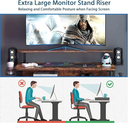 Gaming Desk, Computer Desk with Large Monitor Stand and Open Shelf, PC Laptop Gamer Table Workstation with Cup Holder, Headphone Hook, 2 Speaker Stand for Home Office (Rustic Brown)