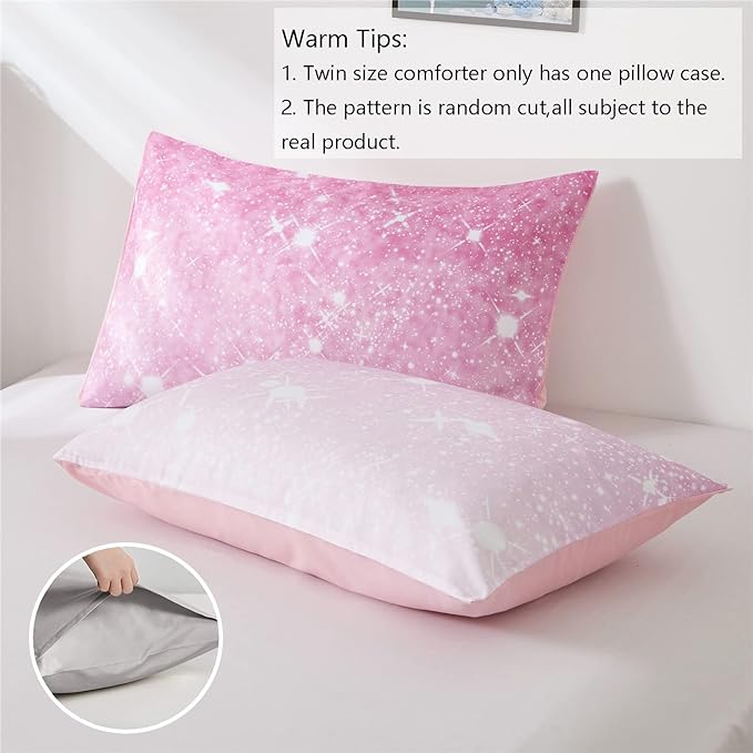 Pink Glitter Comforter Twin Size for Girls, Sparkle Galaxy Twinkle Starlight Comforter for Kids Teen,2 Piece Pink Ombre Pastel Bedding Set with 1 Pillow Case(Pink)
