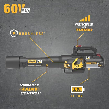 Cat DG650 60V 700 CFM 135 MPH Leaf Blower Cordless with Battery and Charger,Adjustable Speed Blowers for Lawn Care,Lightweight Cordless Leaf Blower with Variable Air Control Battery&Charger Include