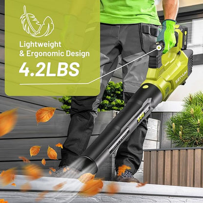 SEYVUM Leaf Blower - 580CFM 20V Leaf Blower Cordless with 2 X 4.0Ah Battery & Charger, 3-Speed Dial Electric Blower Handheld, Lightweight Powerful Battery Operated for Lawn Care, Jobsite