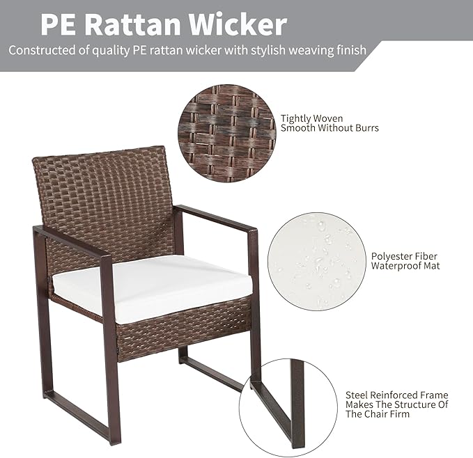 3 Pieces Patio Furniture Set Outdoor Wicker Bistro set Rattan Chair Conversation Sets with Coffee Table for Porch, Balcony,Garden,Backyard and Removable Cushions Beige