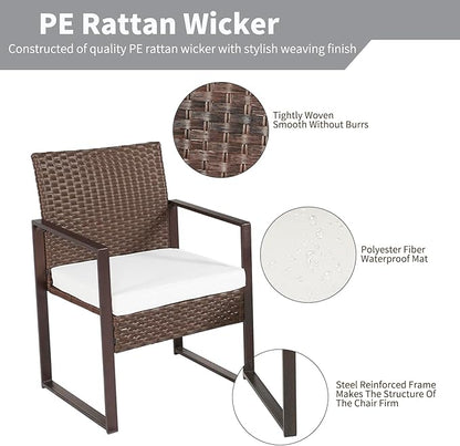 3 Pieces Patio Furniture Set Outdoor Wicker Bistro set Rattan Chair Conversation Sets with Coffee Table for Porch, Balcony,Garden,Backyard and Removable Cushions Beige