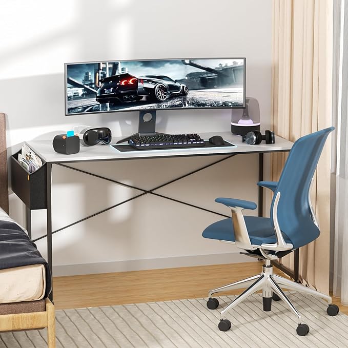MoNiBloom Computer Desk 55 Inches with A Storage Bag, Student Laptop Writing Desks for Samll Space Home Office, White