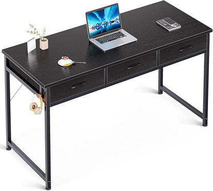 ODK 55 Inch Computer Desk with 3 Cloth Drawers for Home Office, Vanity Desk with Storage and Hook for Bedroom, Work Desk, Study Writing Table, Black