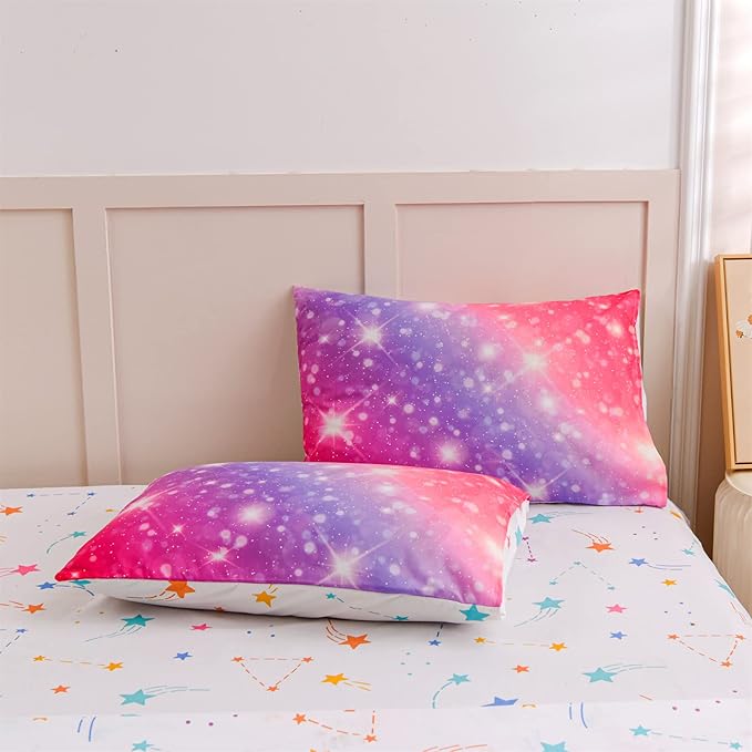 A Nice Night 6Pcs Gradient Glitter Bedding Set for Girls, Colorful Rainbow Galaxy Comforter Set, Ultra Soft Bedding Sets (Pink-Purple,Twin 6Pcs)