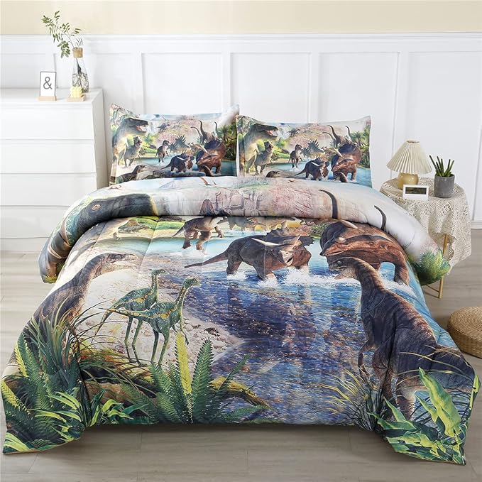 WINLIFE Dinosaur Comforter Set Twin Kids Bedding Set T-Rex Jurassic Jungle Dino Comforter Sets for Boys Teens, Lightweight Easy Care Bedding (2 Pieces, Twin)