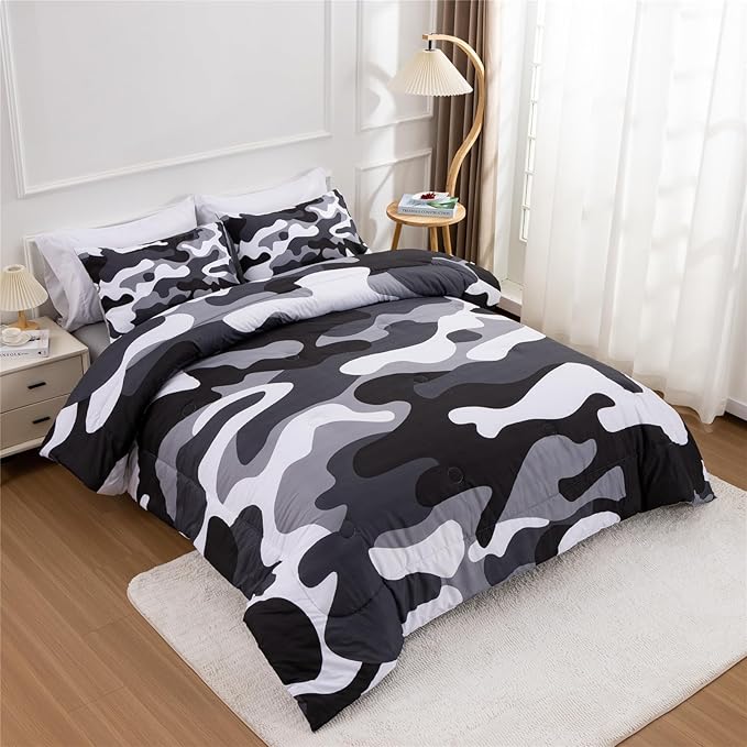 Meeting Story Camouflage Bedding Set, Colorful Pattern Style Comforter Set, 3 PCS One Comforter Two Pillowcases in One Bag, All Season Bedspread for Teens Adults (Grey,Queen