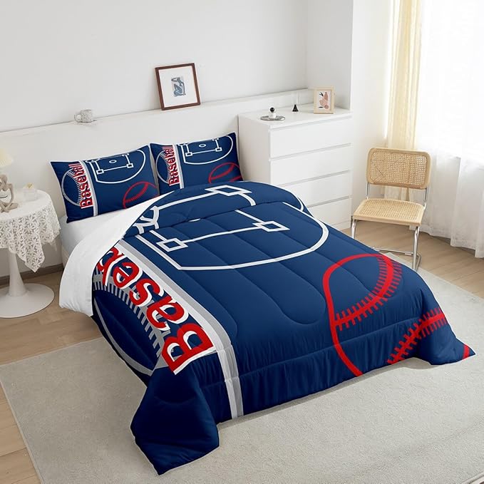Feelyou Baseball Bedding Set King Size Sports Game Comforter Set for Kids Boys Girls Decor Baseball Gaming Comforter Microfiber Ball Duvet Set Bedroom Quilt Set