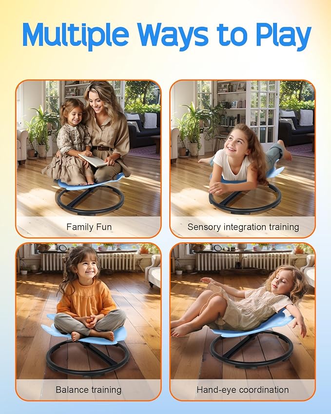 Kids Swivel Chair Sensory Toys Light Blue Non-Slip Metal Base Wobble Chair for Toddlers Sit and Spin with Autism Spin Sensory Chair Aged 3+ Improving Physical Coordination