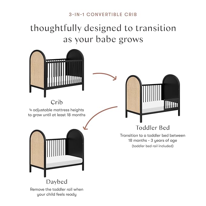babyletto Bondi Cane 3-in-1 Convertible Crib with Toddler Bed Conversion Kit in Black with Natural Cane, Greenguard Gold Certified
